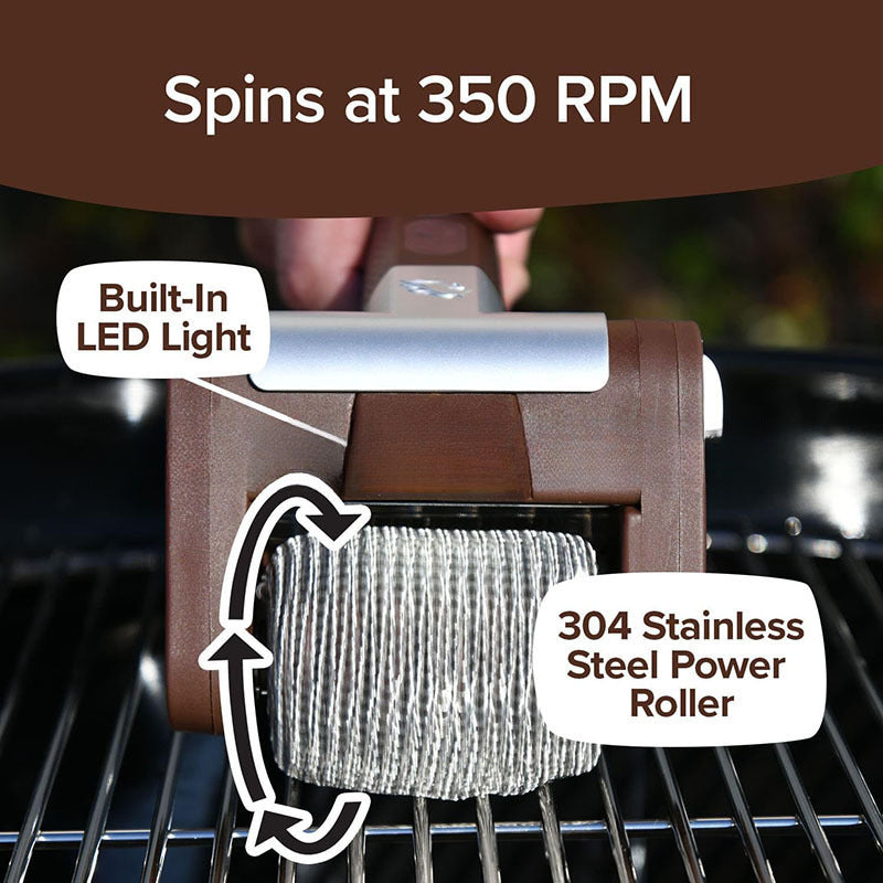 Rechargeable electric roller grill brush, stainless steel, replaceable heads, home cleaning tool, barbecue accessory.
