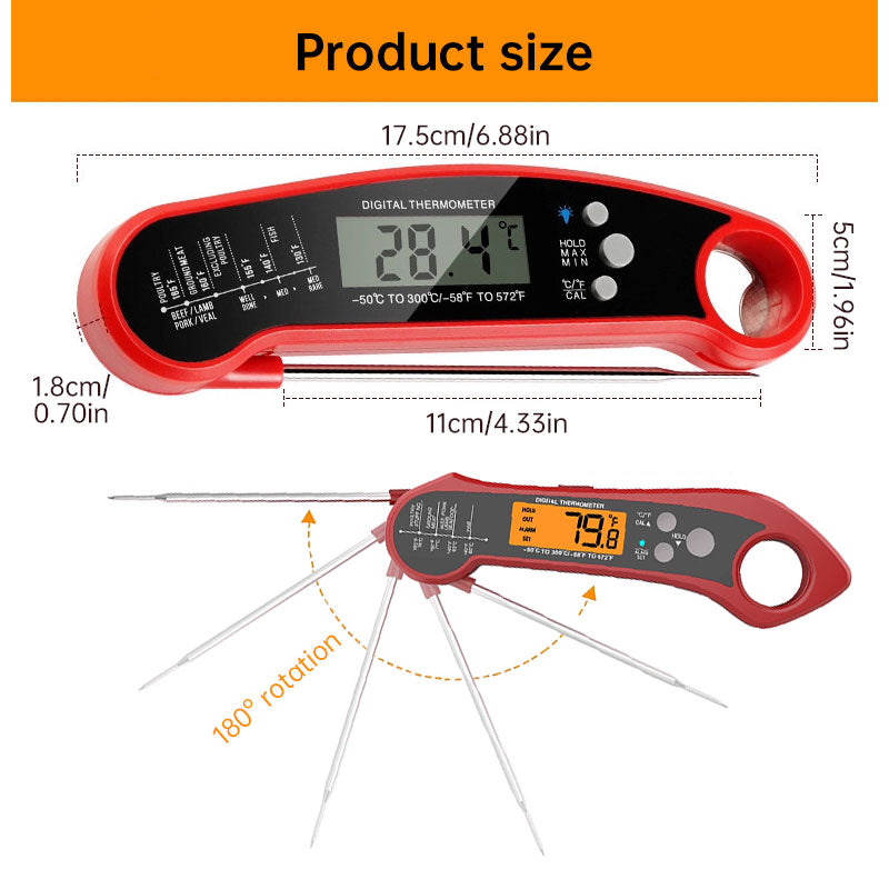 Foldable IP7 digital thermometer with dual probes: for cooking, BBQ, meat, grilling, food kitchen tools.