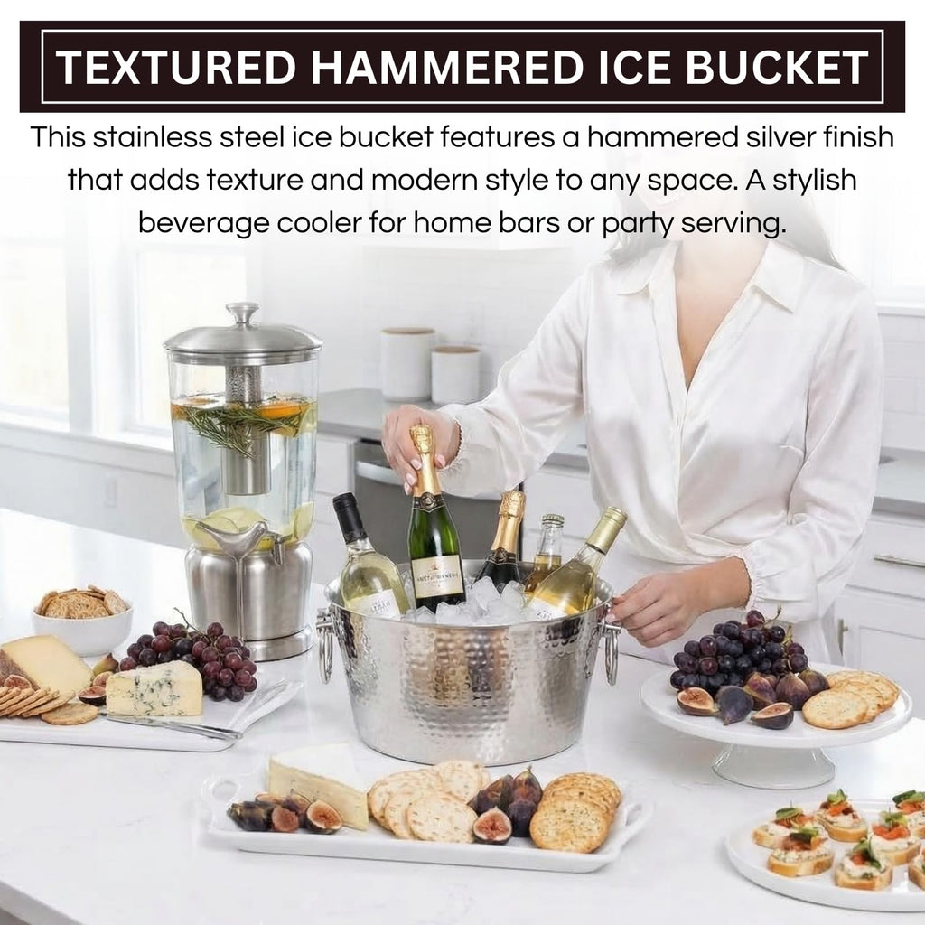 Hammered Stainless Steel Ice Bucket, Single Piece, 14.5 x 6.75 Inch