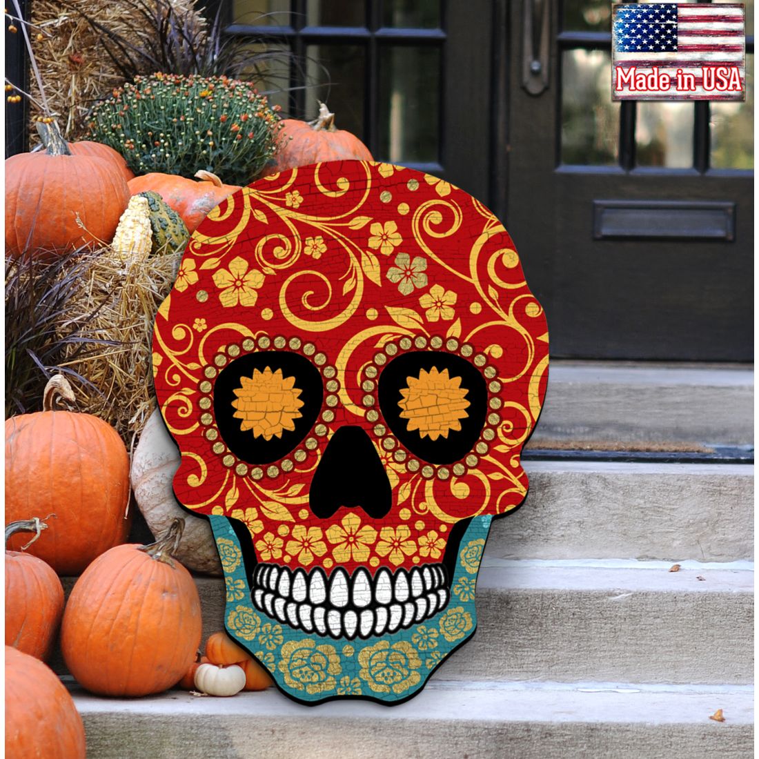 Day of The Dead Decorated Skull Halloween Door Decor by G. DeBrekht - Thanksgiving Halloween Decor - 8198443-2H