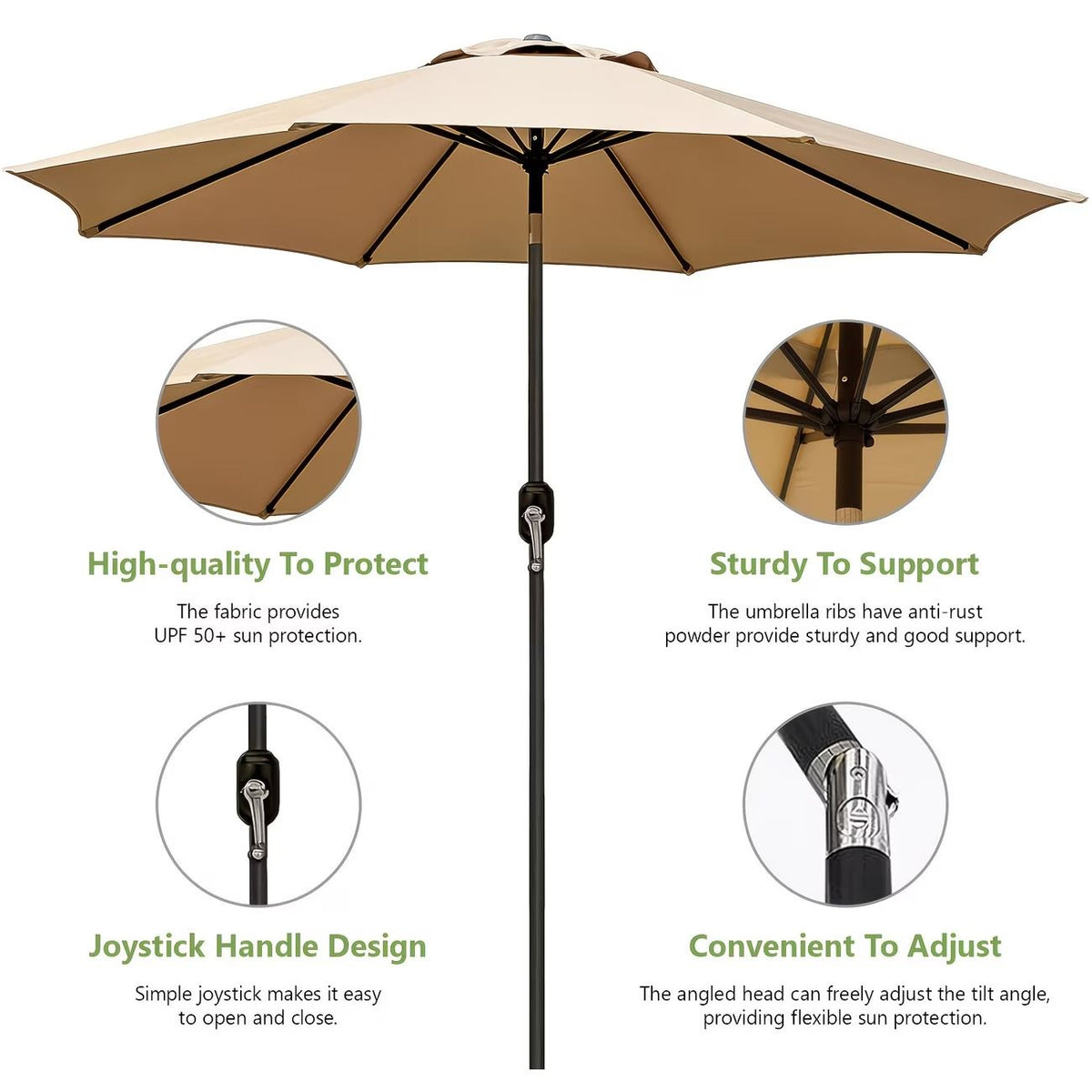 9FT Outdoor Patio Umbrella with Tilt and Crank, 8 Rib Market Umbrella, Stable Sun Shade Canopy for Patio, Beach, Deck, Garden and Outdoor Restaurant