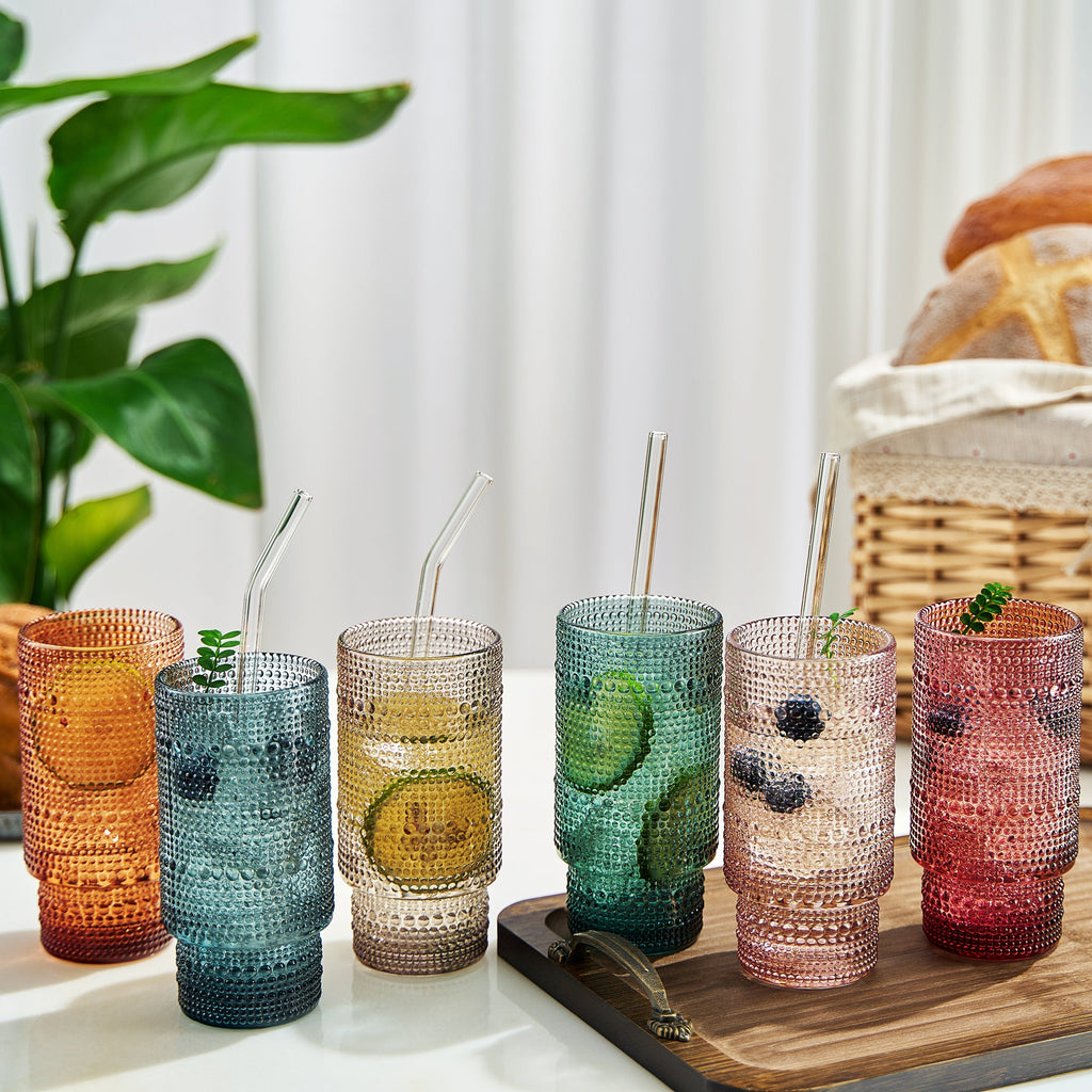 Tonal Collins Highball Glassware, Set of 6 with 6 Glass Straws & Cleaner